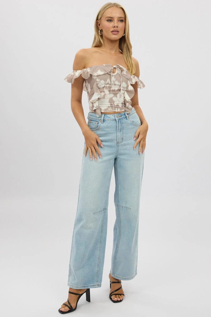 Beige Abstract Frilled Top Sleeveless Off Shoulder Chiffon