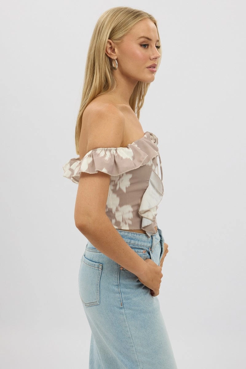 Beige Abstract Frilled Top Sleeveless Off Shoulder Chiffon