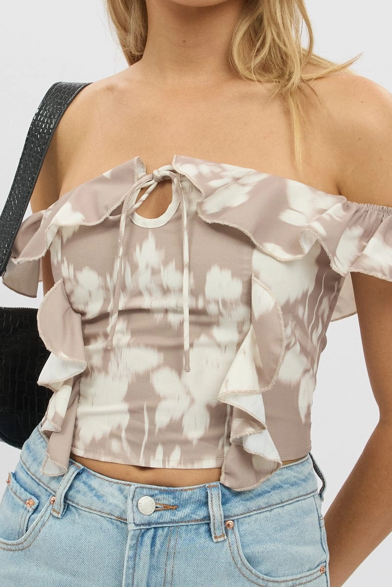 Beige Abstract Frilled Top Sleeveless Off Shoulder Chiffon
