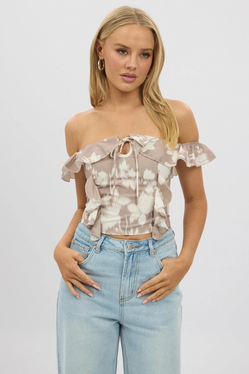 Beige Abstract Frilled Top Sleeveless Off Shoulder Chiffon