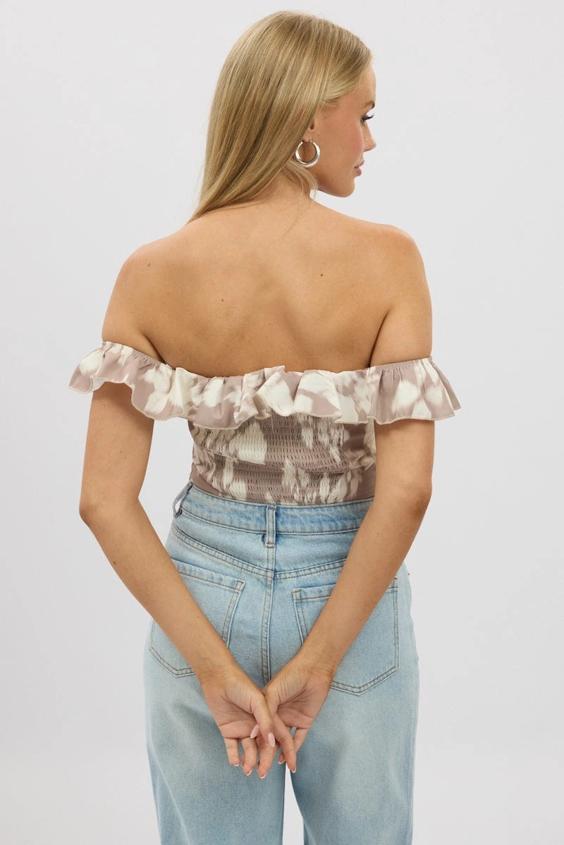 Beige Abstract Frilled Top Sleeveless Off Shoulder Chiffon