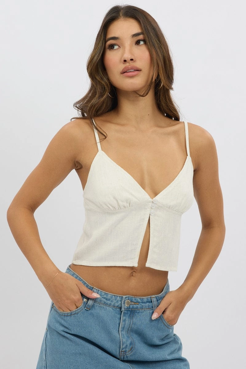 Beige Cami Top Open Front Linen Blend
