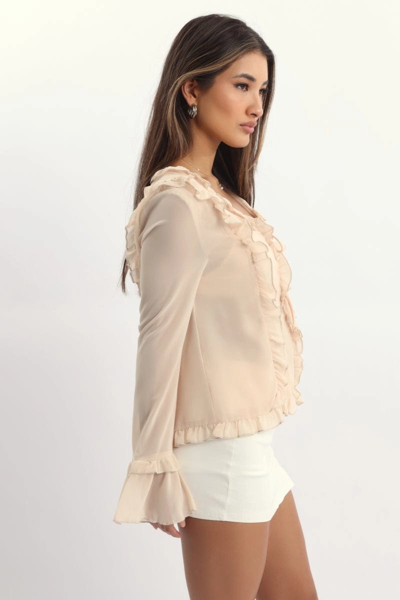 Beige Tie Up Top Long Sleeve V Neck Filled