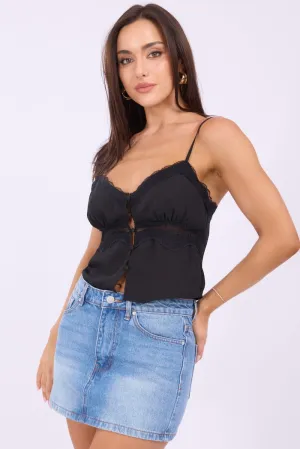 Black Lace Cami Sleeveless Sweetheart Button Front