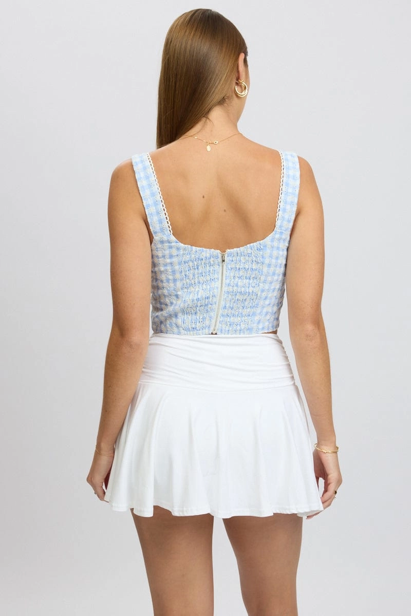 Blue Check Crop Top Sleeveless Corset Broderie