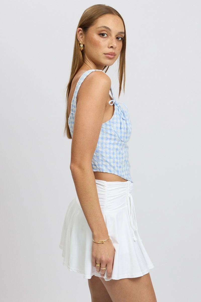 Blue Check Crop Top Sleeveless Corset Broderie