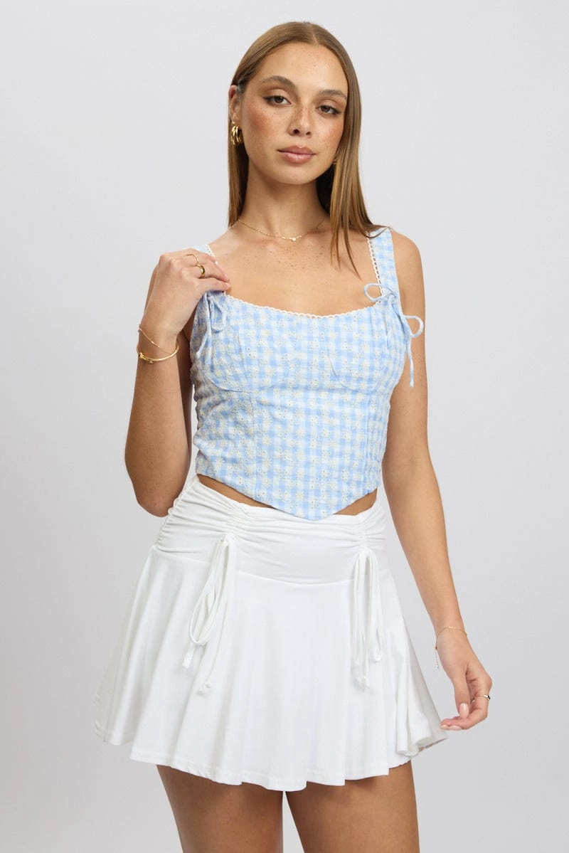 Blue Check Crop Top Sleeveless Corset Broderie