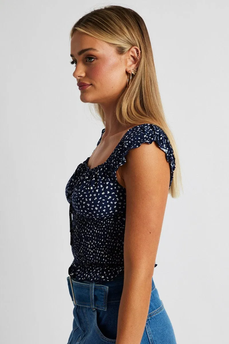 Blue Ditsy Puff Sleeve Top Short Sleeve