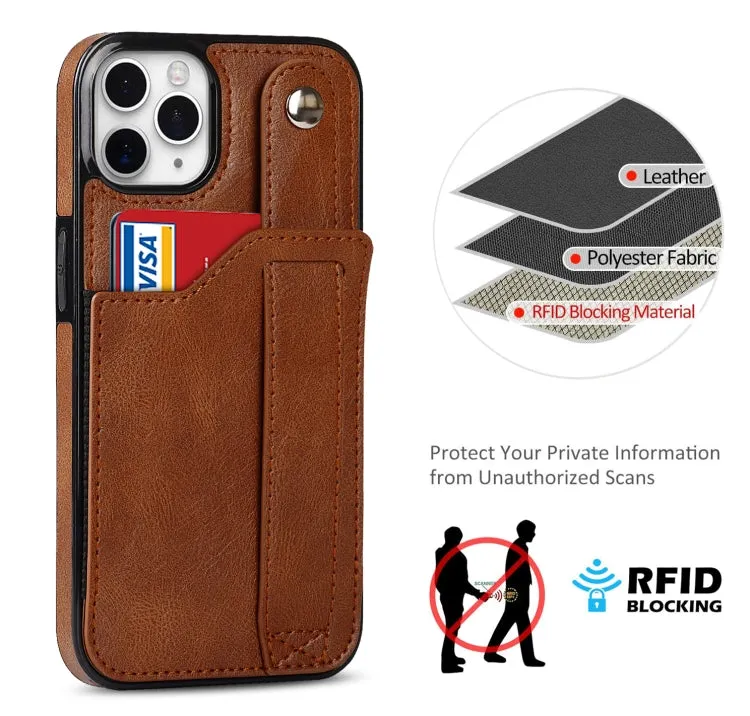 For iPhone 11 Crazy Horse Texture Shockproof TPU   PU Leather Case with Card Slot  Wrist Strap