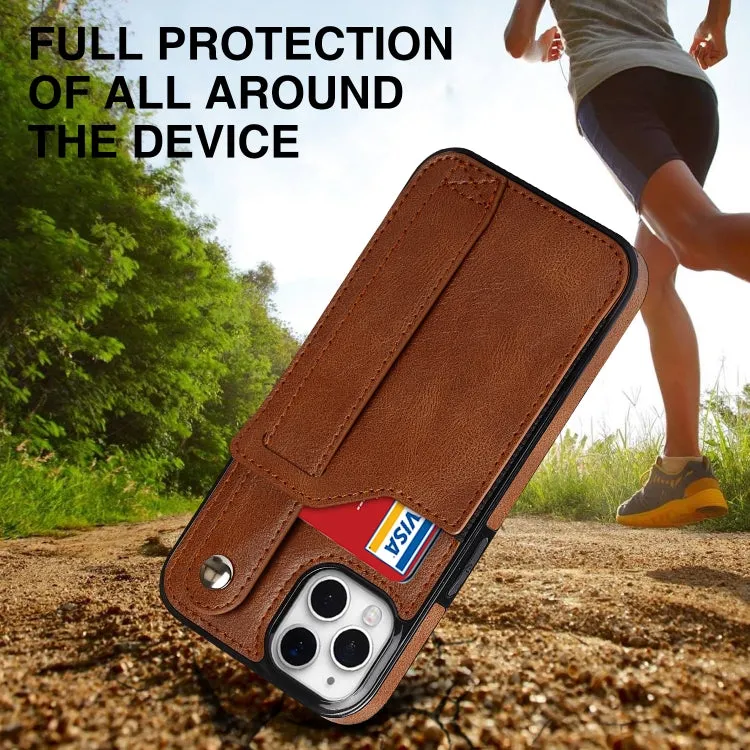 For iPhone 11 Crazy Horse Texture Shockproof TPU   PU Leather Case with Card Slot  Wrist Strap