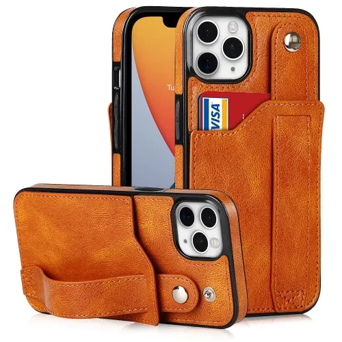 For iPhone 11 Crazy Horse Texture Shockproof TPU   PU Leather Case with Card Slot  Wrist Strap
