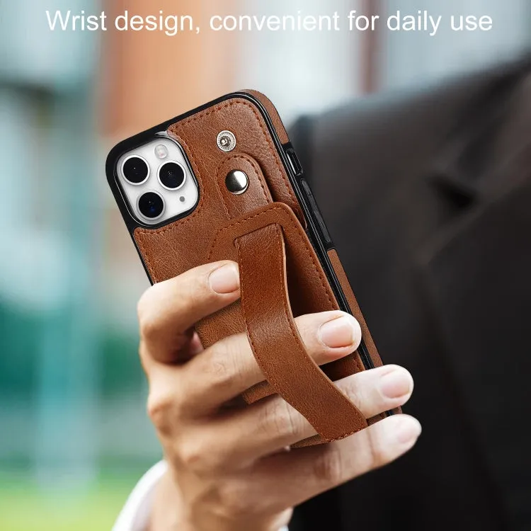 For iPhone 11 Crazy Horse Texture Shockproof TPU   PU Leather Case with Card Slot  Wrist Strap