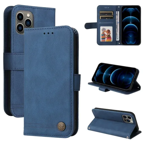 For iPhone 12 Skin Feel Life Tree Metal Button Horizontal Flip Leather Case with Holder  Card