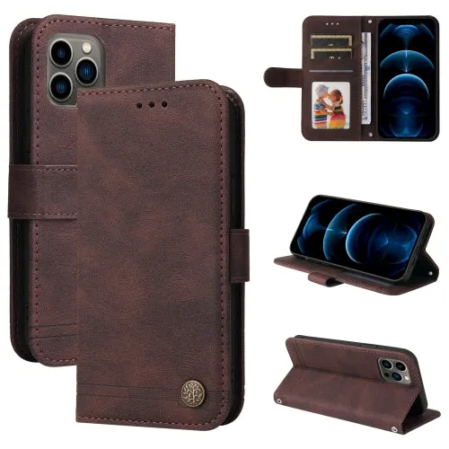 For iPhone 12 Skin Feel Life Tree Metal Button Horizontal Flip Leather Case with Holder  Card