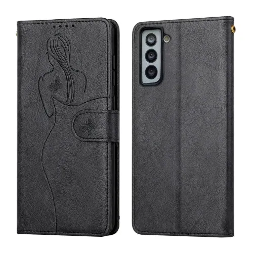 For Samsung Galaxy S21  5G Beauty Girl Embossing Pattern Horizontal Flip Leather Case with Holder