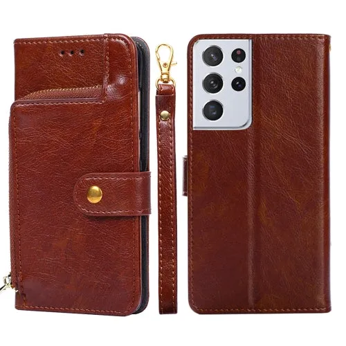 For Samsung Galaxy S21  5G Zipper Bag PU   TPU Horizontal Flip Leather Case with Holder  Card
