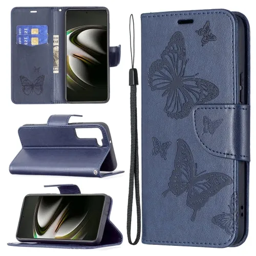 For Samsung Galaxy S22 5G Embossing Two Butterflies Pattern Leather Phone Case with Holder