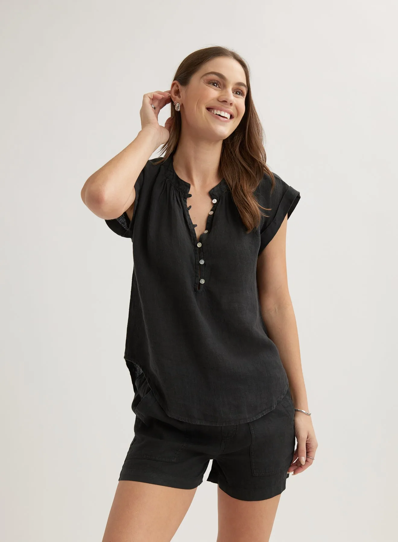 Linen Cap Sleeve Pullover - Black