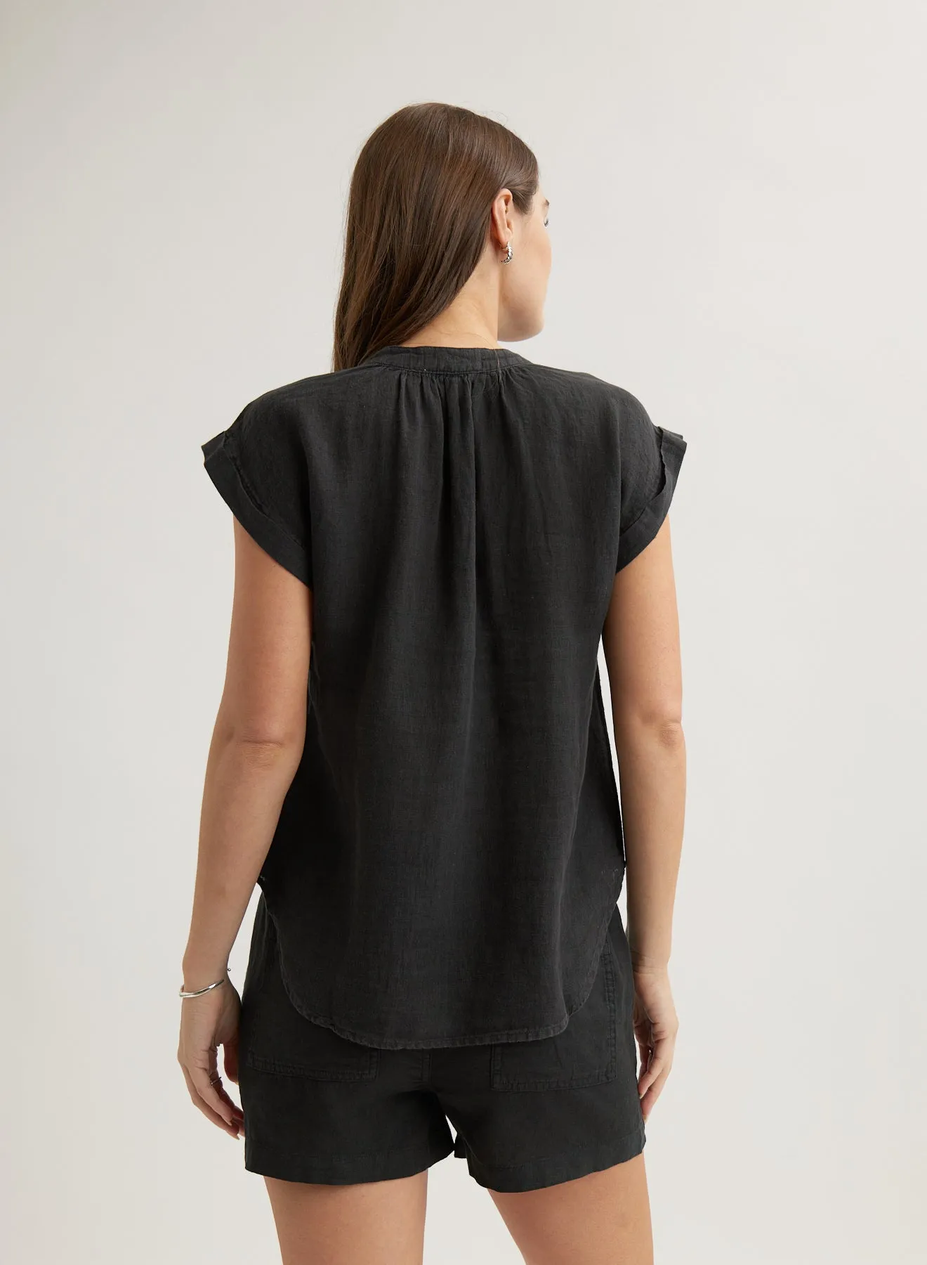 Linen Cap Sleeve Pullover - Black