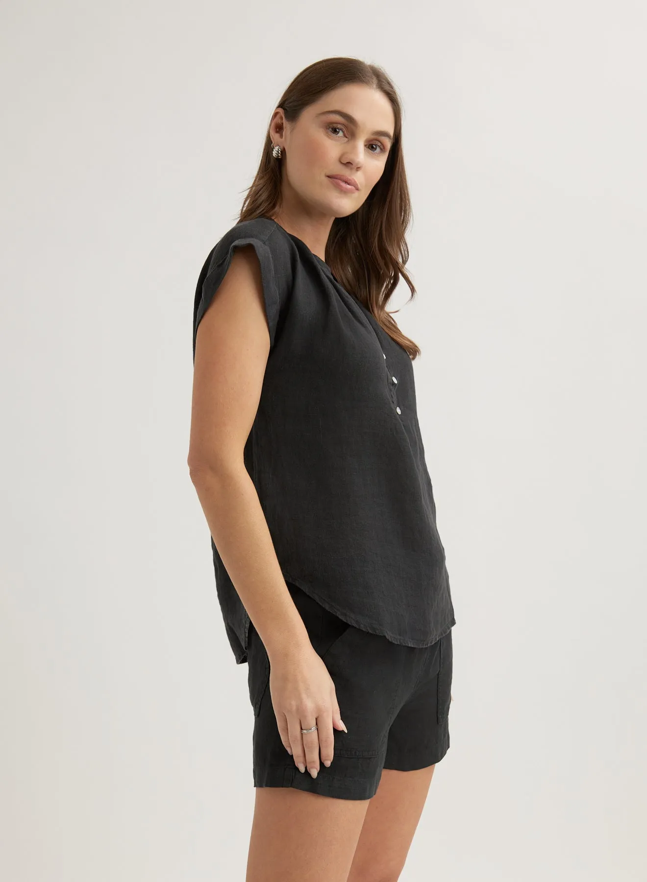 Linen Cap Sleeve Pullover - Black