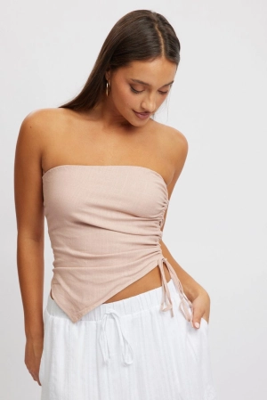 Pink Tube Top Side Ruched Linen Blend