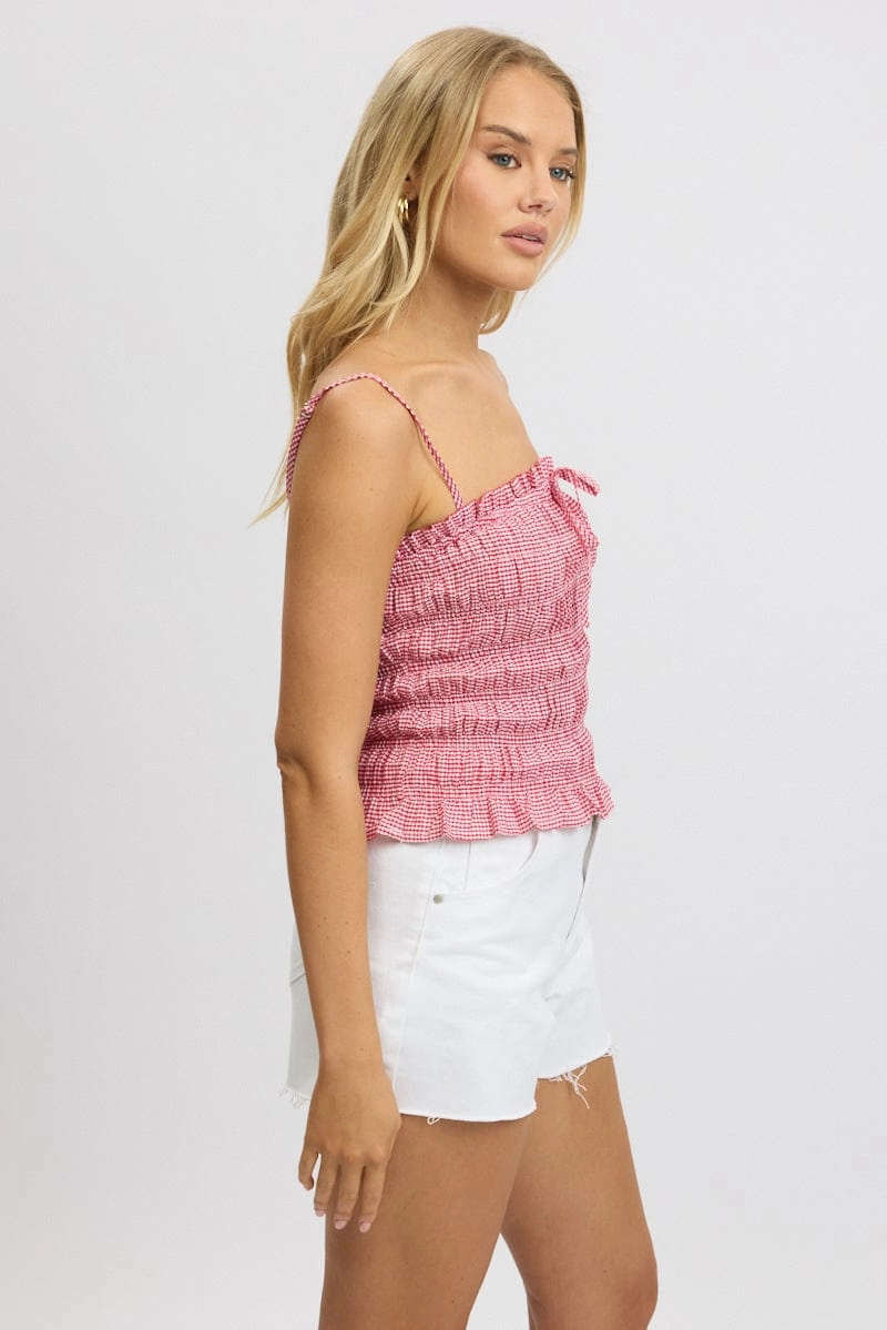 Red Check Cami Top Sleeveless Shirred