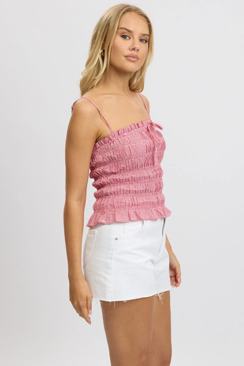 Red Check Cami Top Sleeveless Shirred