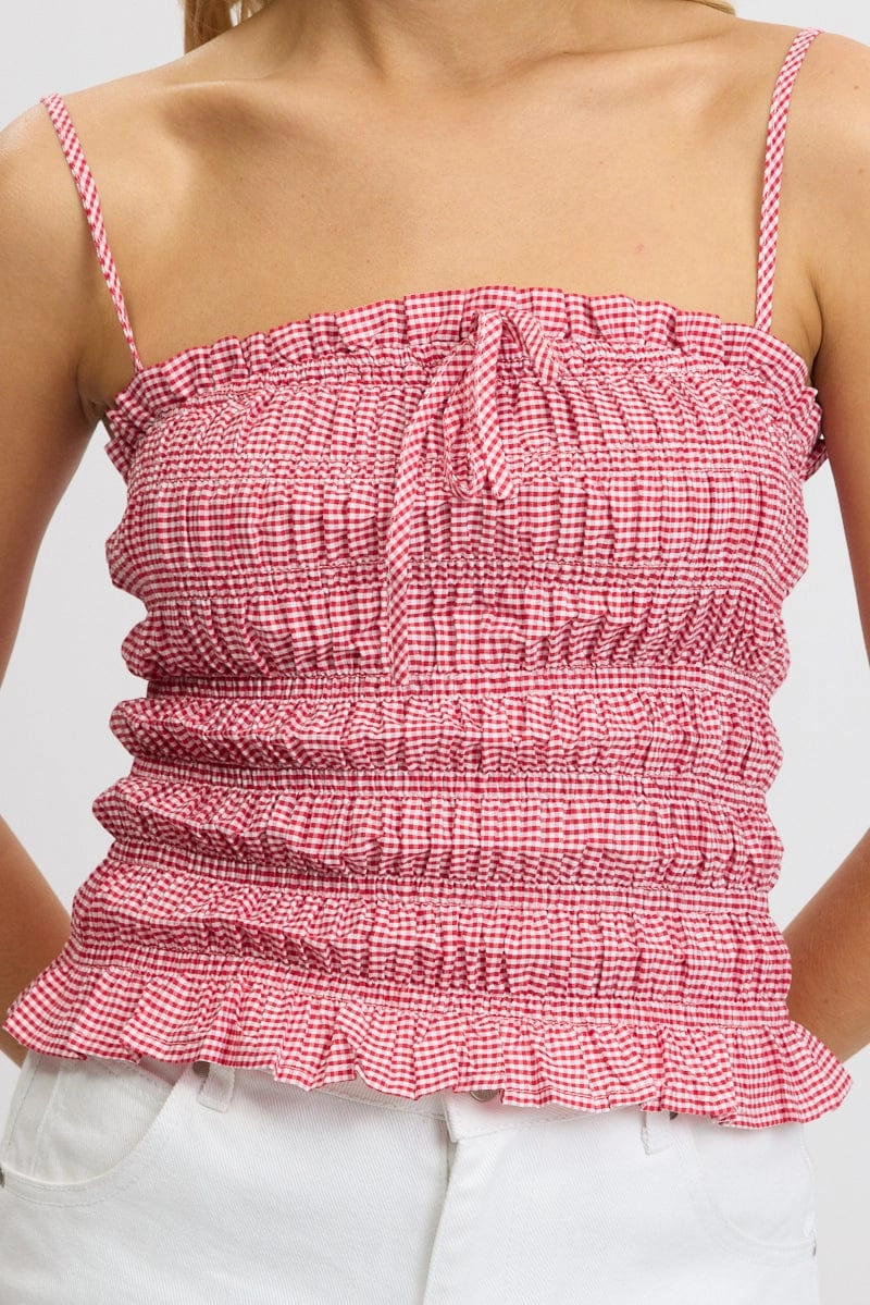 Red Check Cami Top Sleeveless Shirred