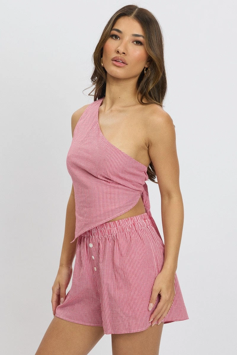 Red Check Scarf Top One Shoulder Tie Back