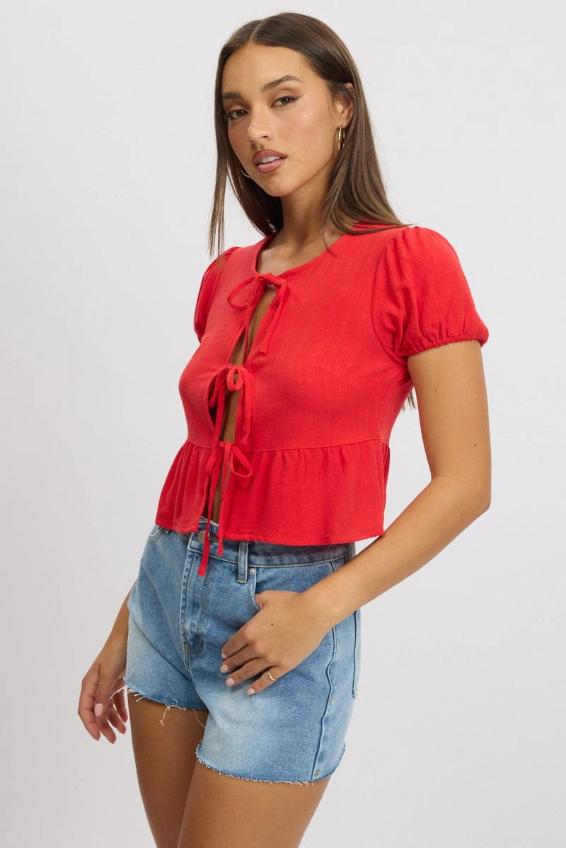 Red Tie Front Top Puff Sleeve