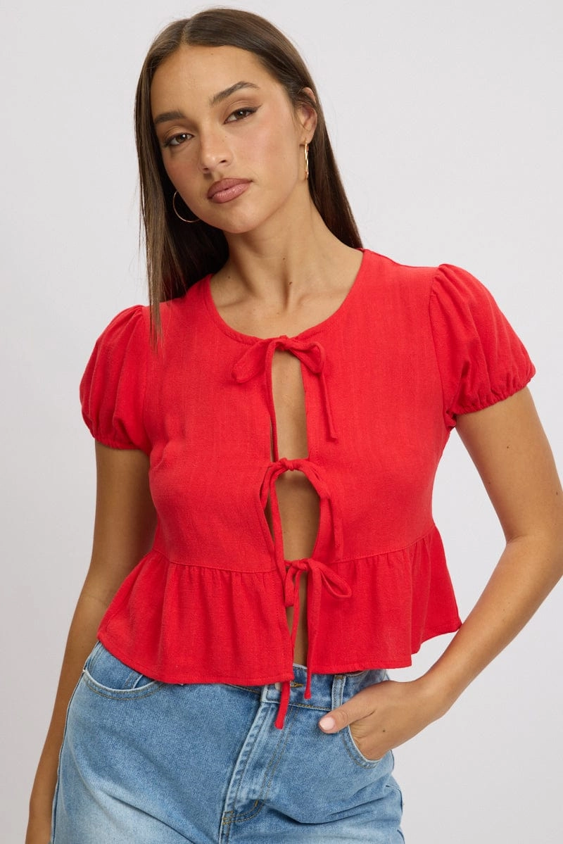 Red Tie Front Top Puff Sleeve