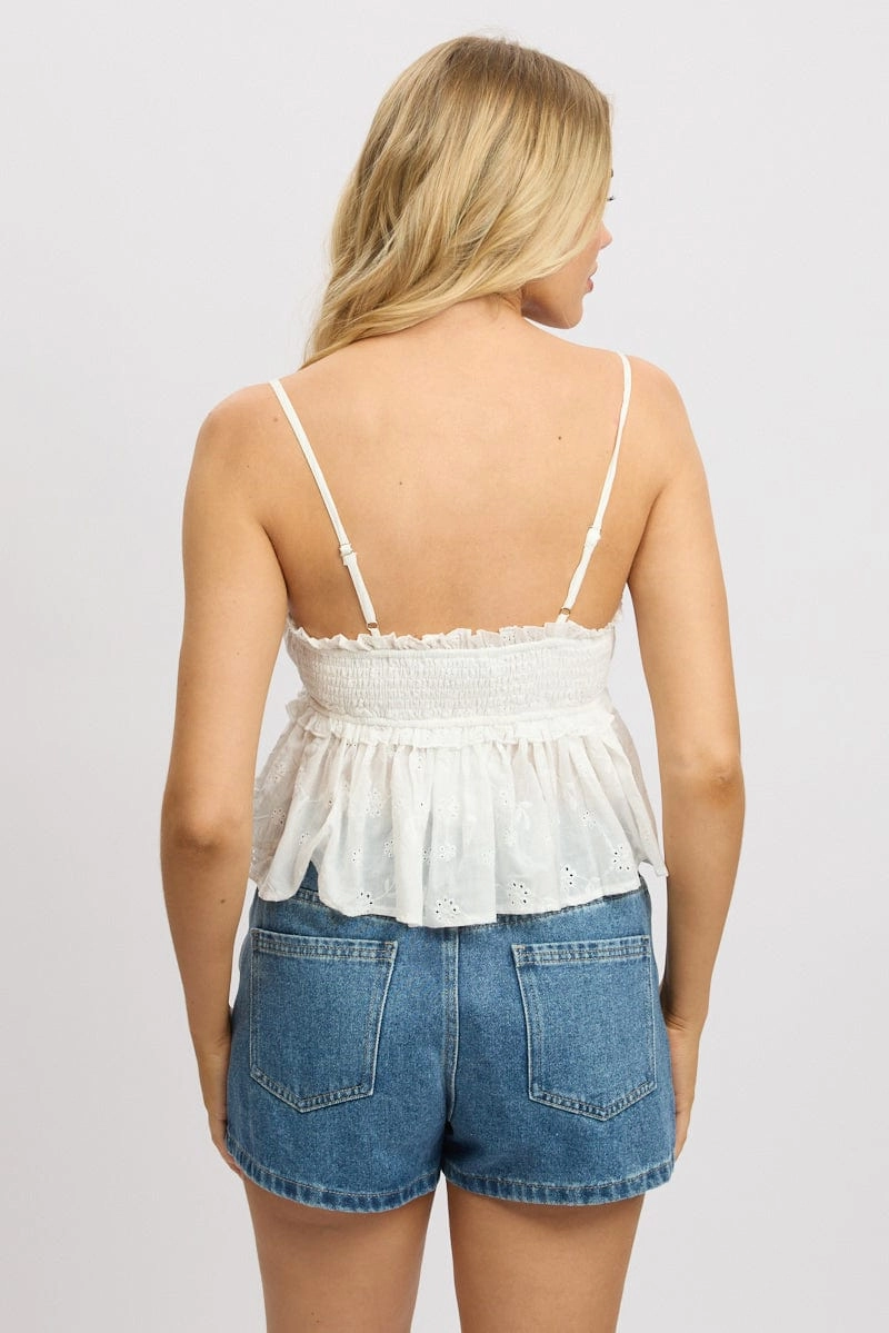 White Cami Top Sleeveless Ruched Bust Broderie