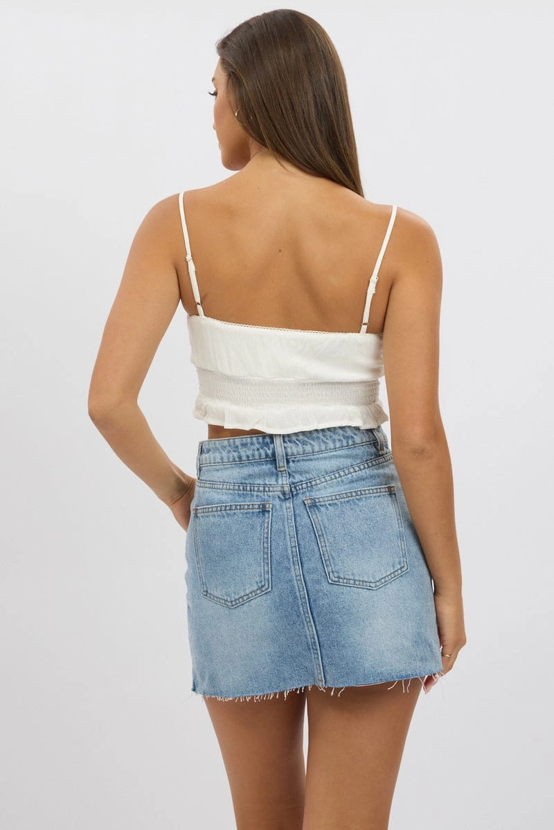 White Crop Cami Top Shirred Waist