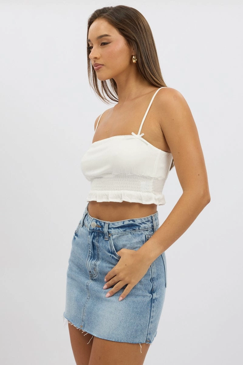 White Crop Cami Top Shirred Waist