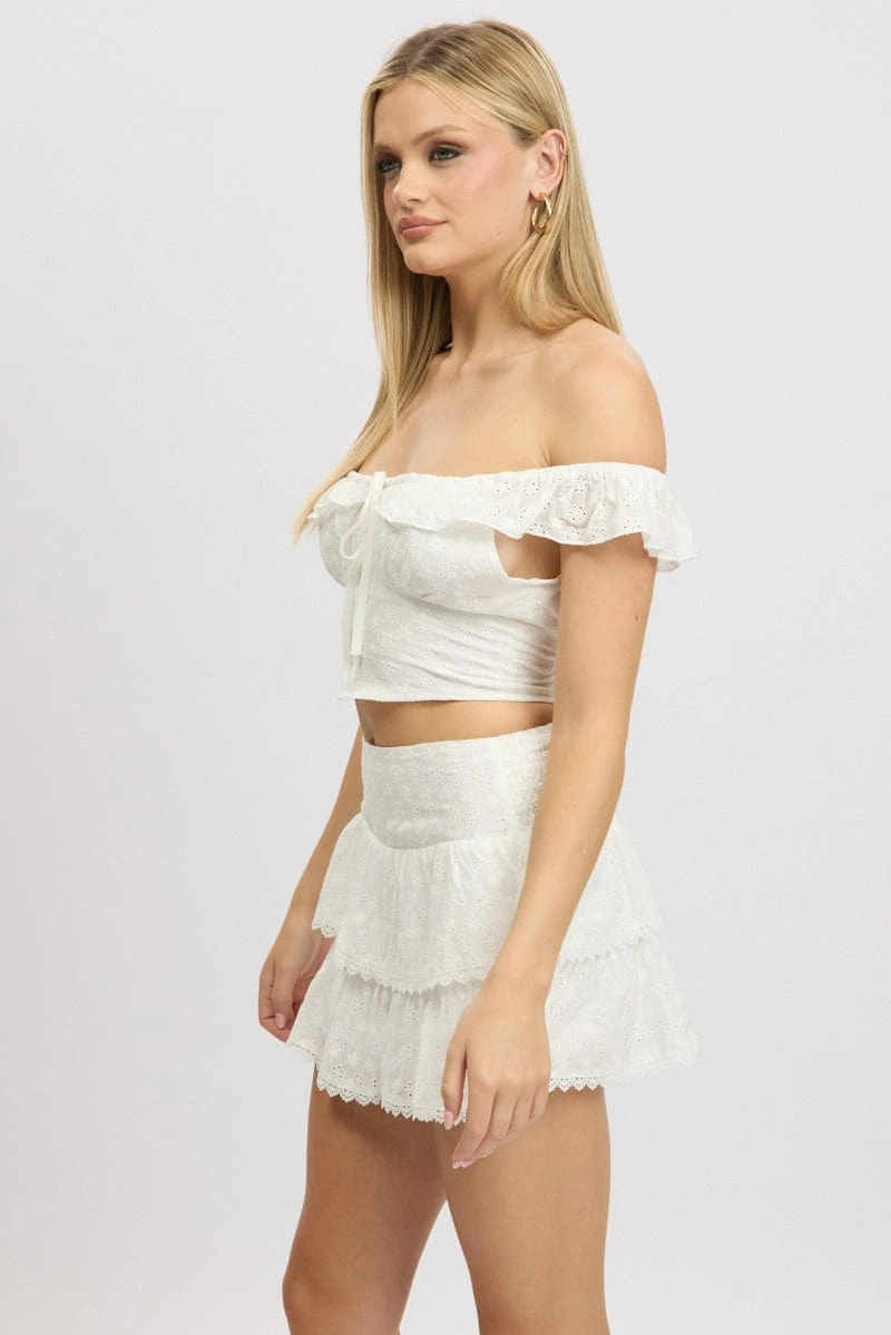 White Crop Top Ruffle Off Shoulder Linen Blend