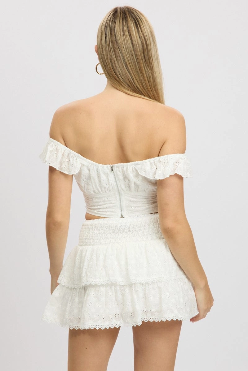 White Crop Top Ruffle Off Shoulder Linen Blend