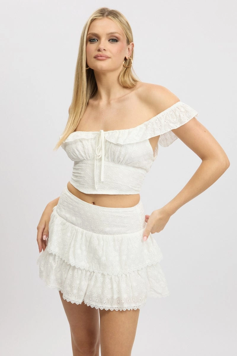 White Crop Top Ruffle Off Shoulder Linen Blend