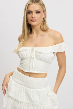 White Crop Top Ruffle Off Shoulder Linen Blend