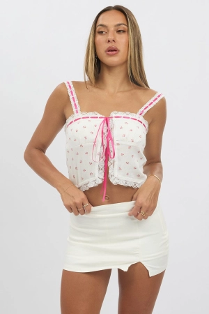 White Ditsy Cami Top Sleeveless Ribbon