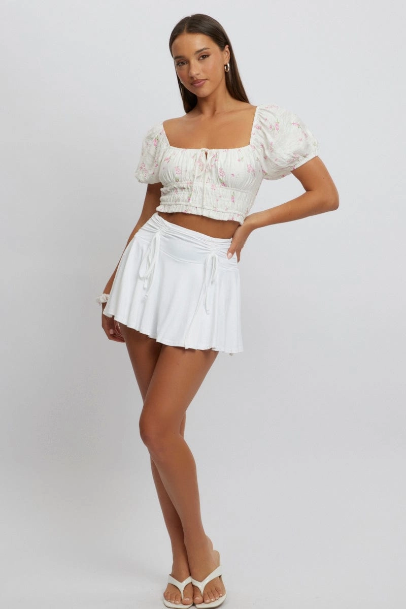 White Ditsy Crop Top Short Sleeve Ruched Bust