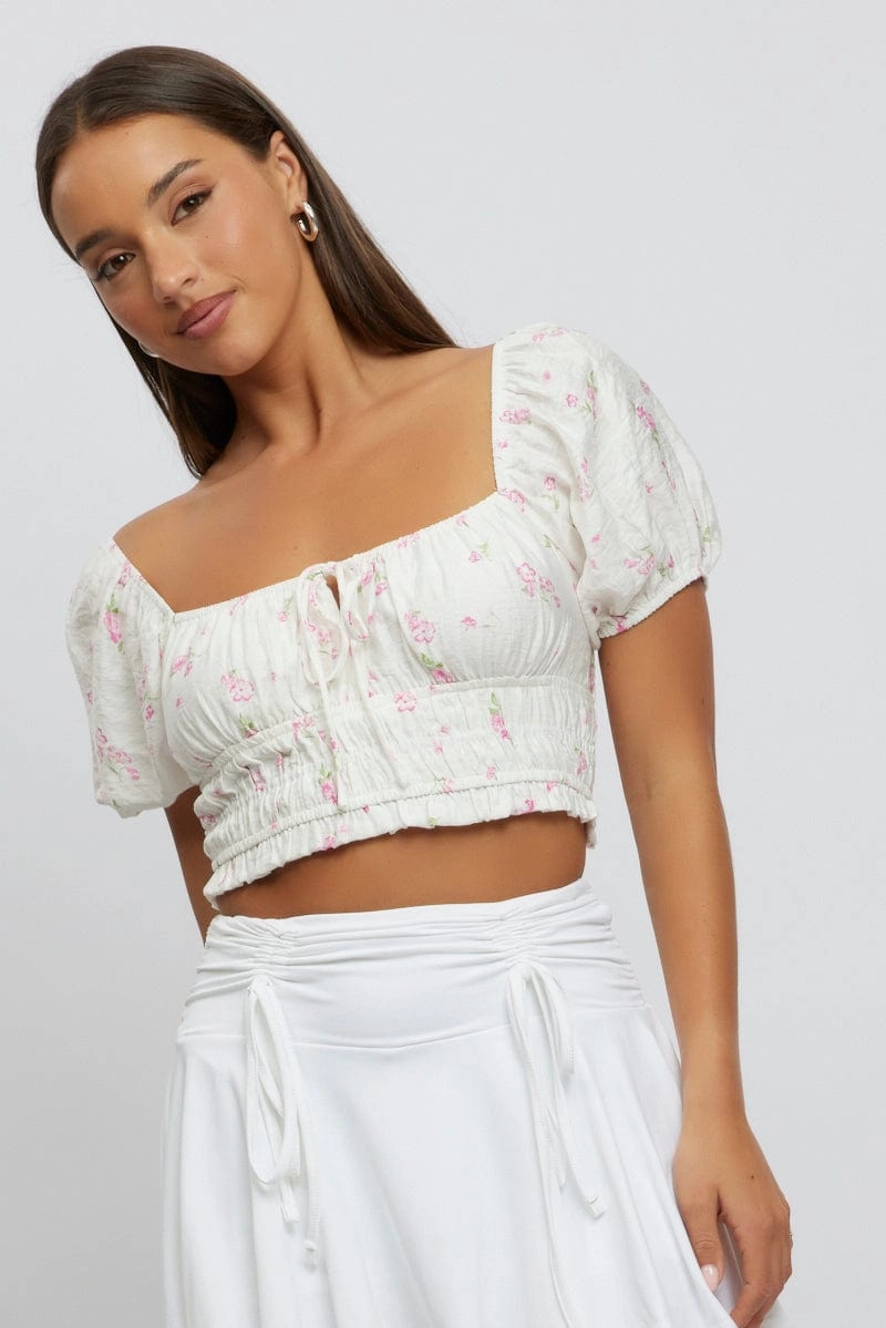 White Ditsy Crop Top Short Sleeve Ruched Bust