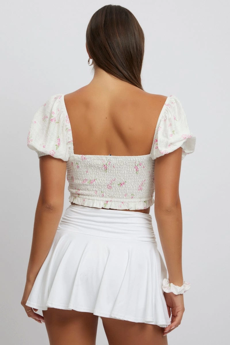 White Ditsy Crop Top Short Sleeve Ruched Bust