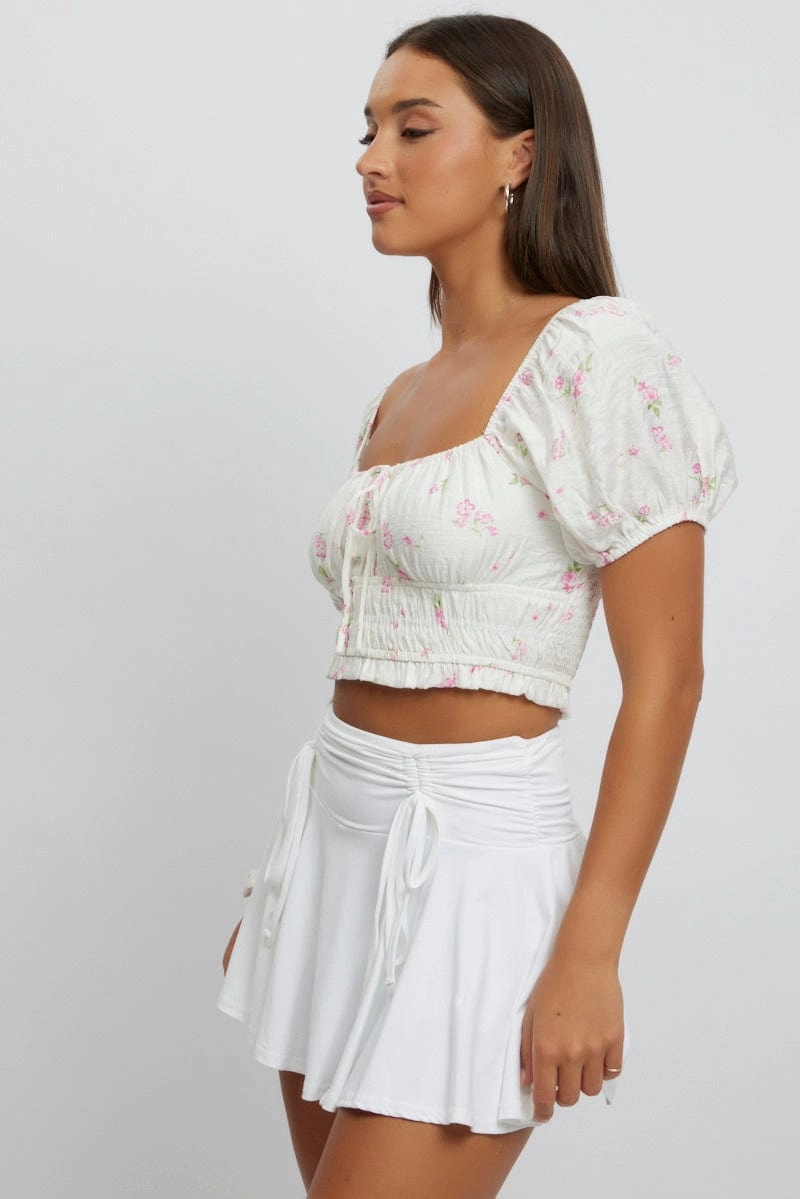 White Ditsy Crop Top Short Sleeve Ruched Bust