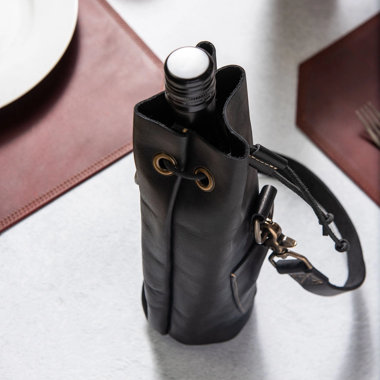 Your Logo   Our Leather - The Muscadine Personalized Fine Leather Wine Tote Wine Bottle Carrier Bag - Custom Logo and Corporate Gifting