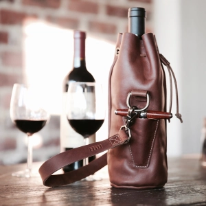 Your Logo   Our Leather - The Muscadine Personalized Fine Leather Wine Tote Wine Bottle Carrier Bag - Custom Logo and Corporate Gifting